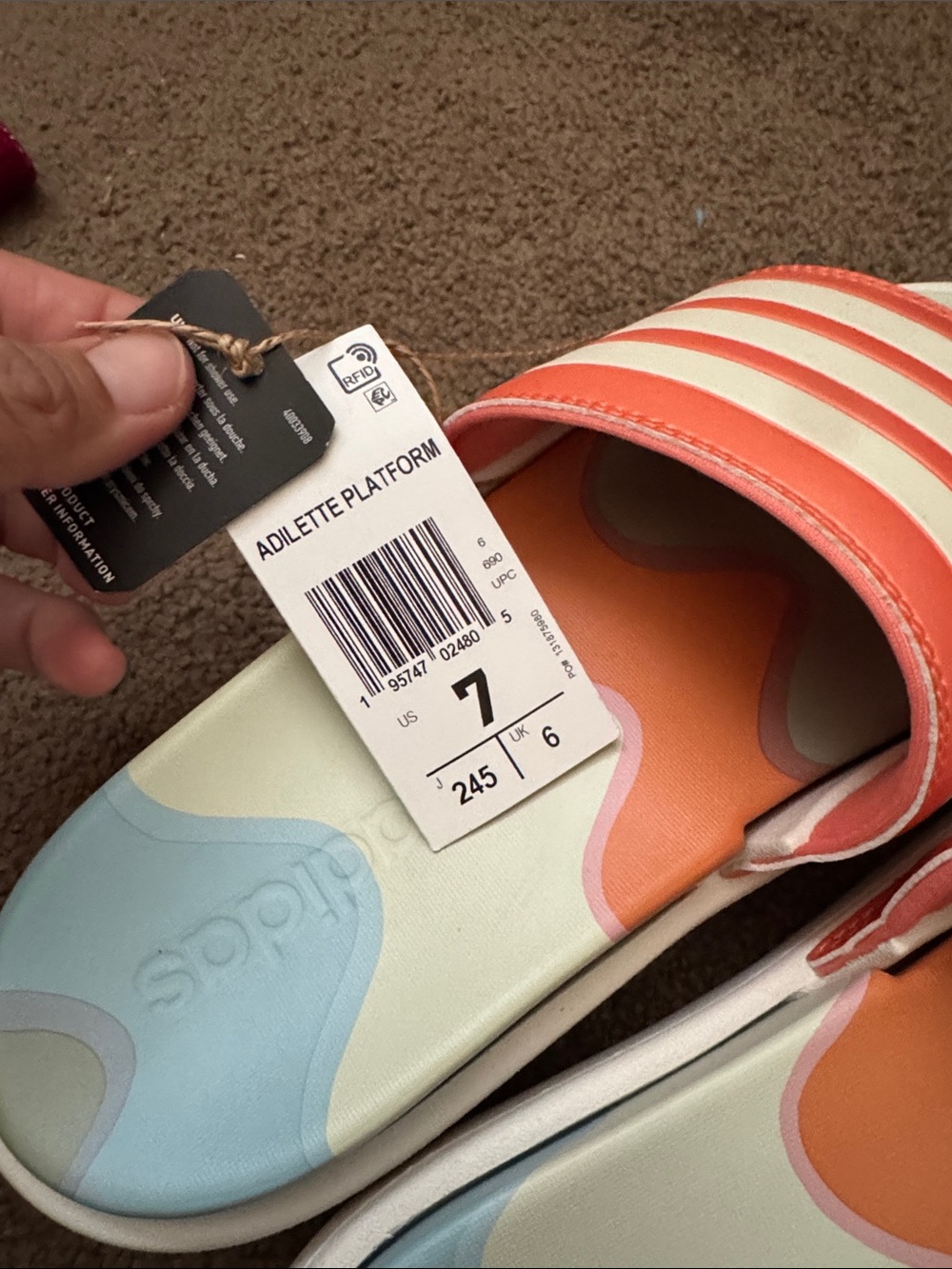adidas Coral and White Striped Slide Sandals - Picture 2 of 5